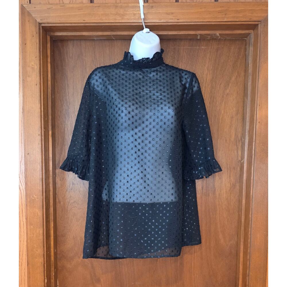 Monki black, sheer, glitter polka dot, ruffle collar blouse, partial zip  sz S‎